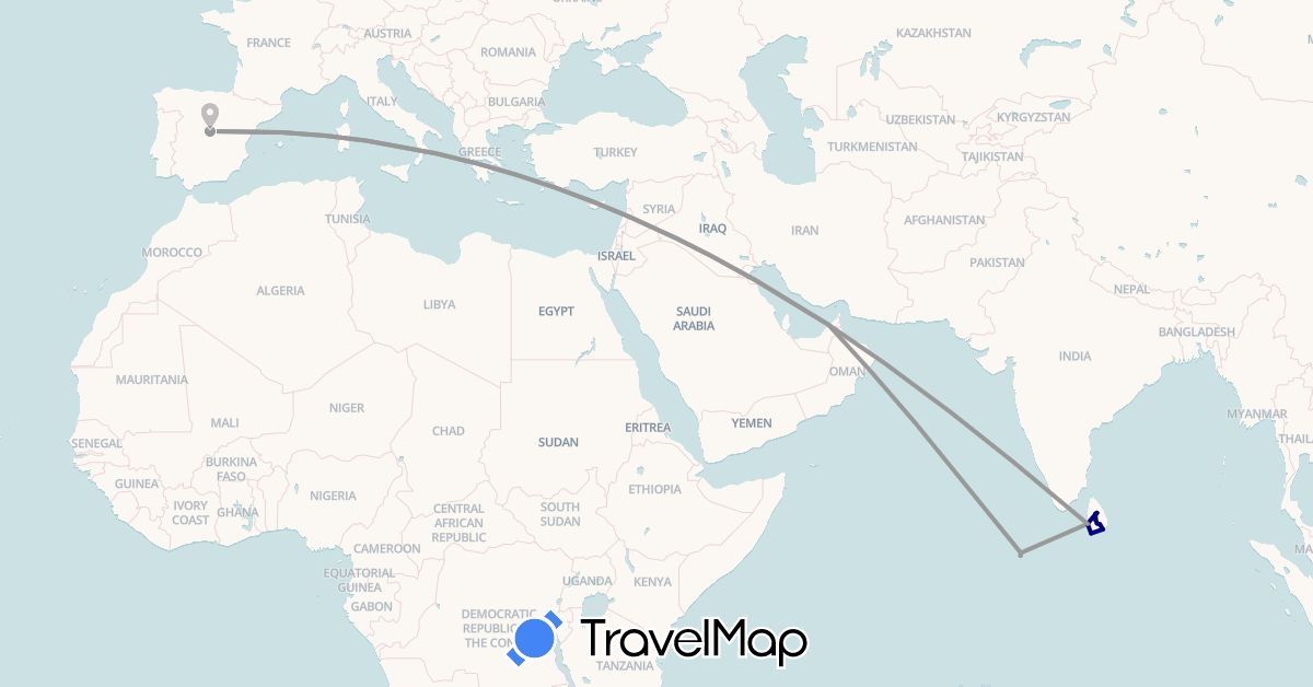 TravelMap itinerary: driving, plane in United Arab Emirates, Spain, Sri Lanka, Maldives (Asia, Europe)